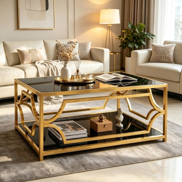 English Elm Modern Two Tier Tempered Glass Coffee Table with Gold Geometric Metal Frame for Living Room Black N735P502391B
