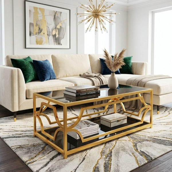 English Elm Modern Two Tier Tempered Glass Coffee Table with Gold Geometric Metal Frame for Living Room Black N735P502391B