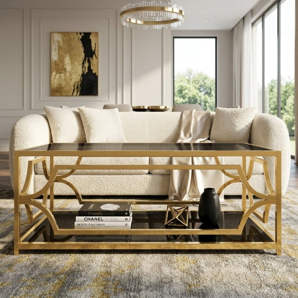English Elm Modern Two Tier Tempered Glass Coffee Table with Gold Geometric Metal Frame for Living Room Black N735P502391B