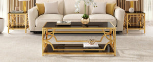English Elm Modern Two Tier Tempered Glass Coffee Table with Gold Geometric Metal Frame for Living Room Black N735P502391B