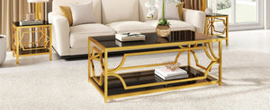 English Elm Modern Two Tier Tempered Glass Coffee Table with Gold Geometric Metal Frame for Living Room Black N735P502391B