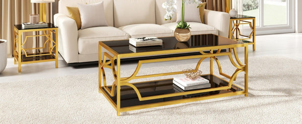 English Elm Modern Two Tier Tempered Glass Coffee Table with Gold Geometric Metal Frame for Living Room Black N735P502391B