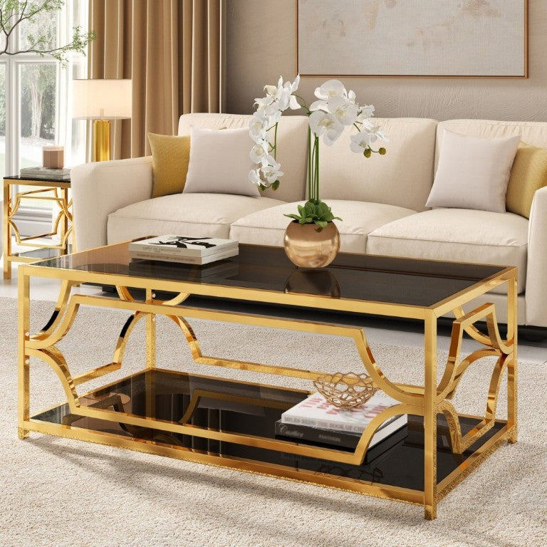 English Elm Modern Two Tier Tempered Glass Coffee Table with Gold Geometric Metal Frame for Living Room Black N735P502391B