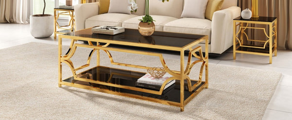 English Elm Modern Two Tier Tempered Glass Coffee Table with Gold Geometric Metal Frame for Living Room Black N735P502391B