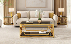 English Elm Modern Two Tier Tempered Glass Coffee Table with Gold Geometric Metal Frame for Living Room Black N735P502391B