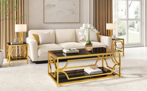 English Elm Modern Two Tier Tempered Glass Coffee Table with Gold Geometric Metal Frame for Living Room Black N735P502391B