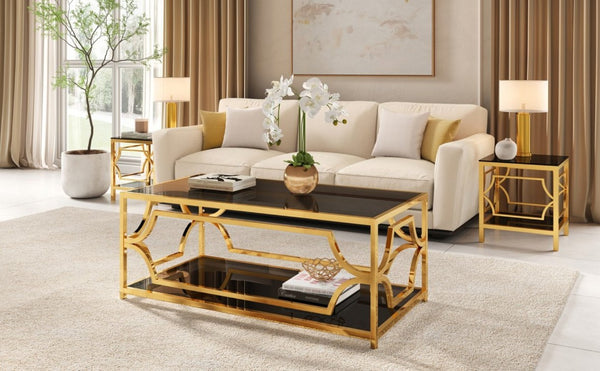 English Elm Modern Two Tier Tempered Glass Coffee Table with Gold Geometric Metal Frame for Living Room Black N735P502391B