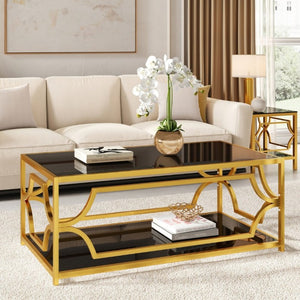 English Elm Modern Two Tier Tempered Glass Coffee Table with Gold Geometric Metal Frame for Living Room Black N735P502391B