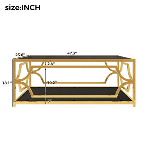 English Elm Modern Two Tier Tempered Glass Coffee Table with Gold Geometric Metal Frame for Living Room Black N735P502391B