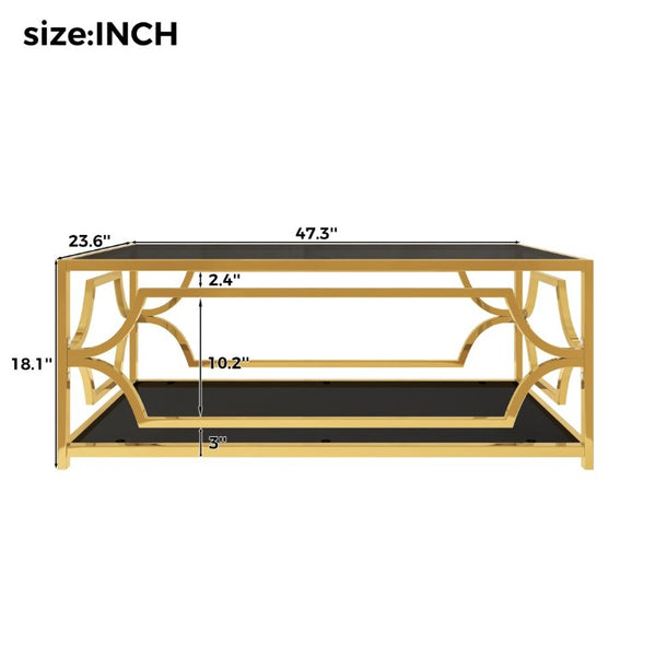 English Elm Modern Two Tier Tempered Glass Coffee Table with Gold Geometric Metal Frame for Living Room Black N735P502391B