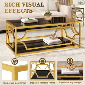 English Elm Modern Two Tier Tempered Glass Coffee Table with Gold Geometric Metal Frame for Living Room Black N735P502391B