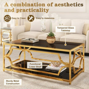 English Elm Modern Two Tier Tempered Glass Coffee Table with Gold Geometric Metal Frame for Living Room Black N735P502391B