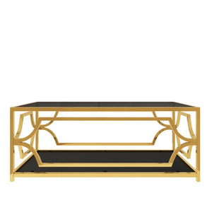 English Elm Modern Two Tier Tempered Glass Coffee Table with Gold Geometric Metal Frame for Living Room Black N735P502391B