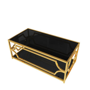 English Elm Modern Two Tier Tempered Glass Coffee Table with Gold Geometric Metal Frame for Living Room Black N735P502391B