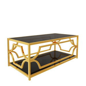 English Elm Modern Two Tier Tempered Glass Coffee Table with Gold Geometric Metal Frame for Living Room Black N735P502391B