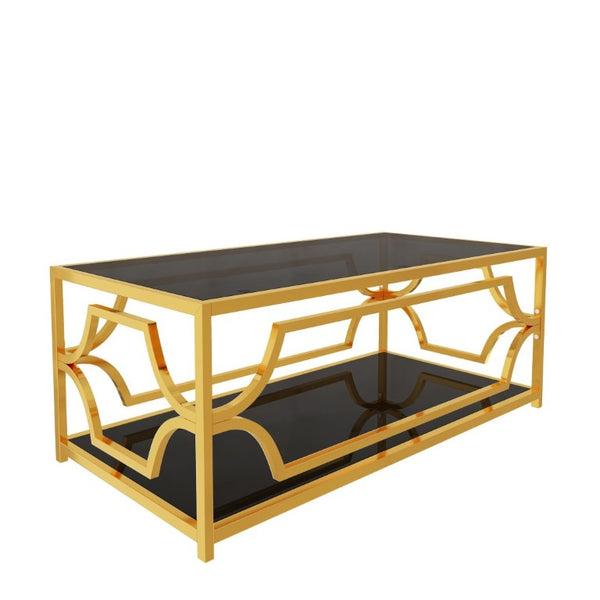 English Elm Modern Two Tier Tempered Glass Coffee Table with Gold Geometric Metal Frame for Living Room Black N735P502391B