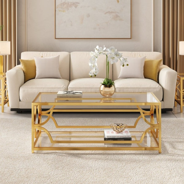 English Elm Modern Two Tier Tempered Glass Coffee Table with Gold Geometric Metal Frame for Living Room Transparent N735P502391K