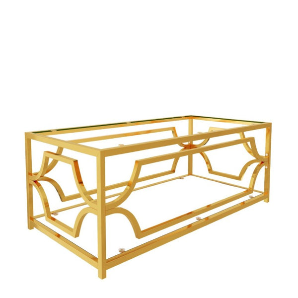 English Elm Modern Two Tier Tempered Glass Coffee Table with Gold Geometric Metal Frame for Living Room Transparent N735P502391K
