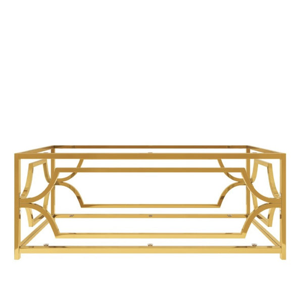 English Elm Modern Two Tier Tempered Glass Coffee Table with Gold Geometric Metal Frame for Living Room Transparent N735P502391K