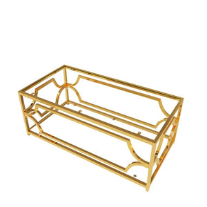 English Elm Modern Two Tier Tempered Glass Coffee Table with Gold Geometric Metal Frame for Living Room Transparent N735P502391K