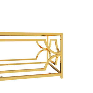 English Elm Modern Two Tier Tempered Glass Coffee Table with Gold Geometric Metal Frame for Living Room Transparent N735P502391K