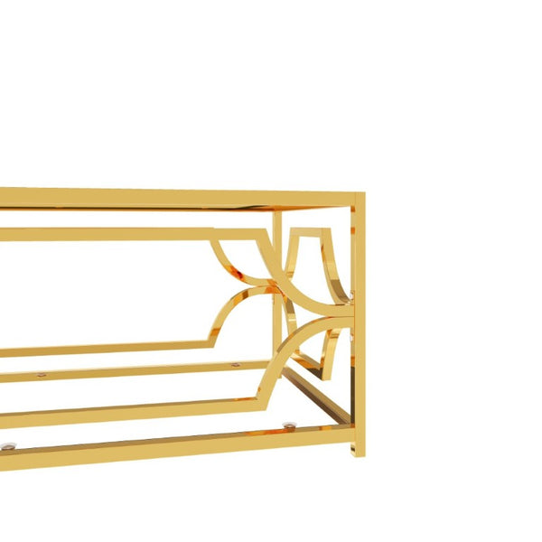 English Elm Modern Two Tier Tempered Glass Coffee Table with Gold Geometric Metal Frame for Living Room Transparent N735P502391K