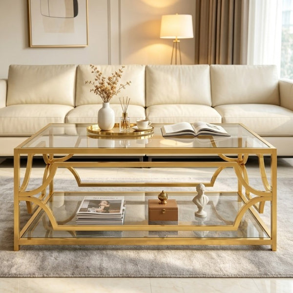 English Elm Modern Two Tier Tempered Glass Coffee Table with Gold Geometric Metal Frame for Living Room Transparent N735P502391K