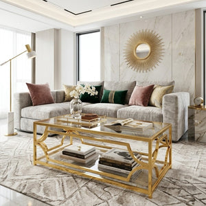 English Elm Modern Two Tier Tempered Glass Coffee Table with Gold Geometric Metal Frame for Living Room Transparent N735P502391K