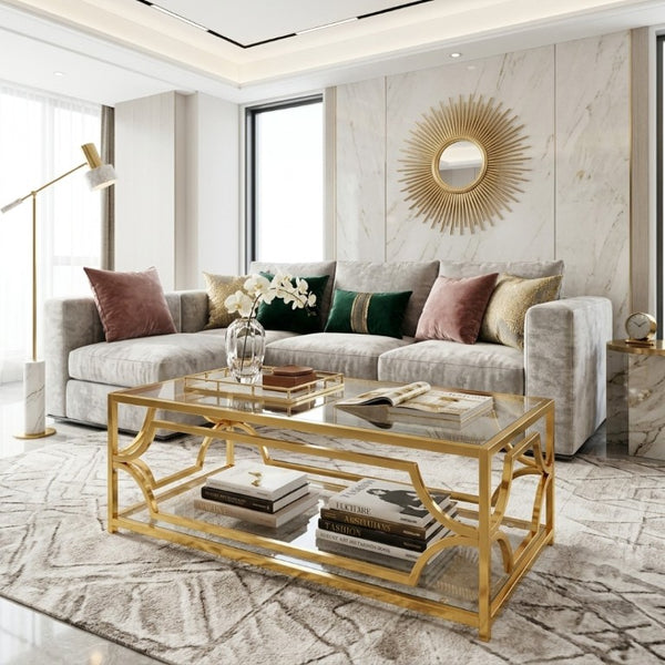 English Elm Modern Two Tier Tempered Glass Coffee Table with Gold Geometric Metal Frame for Living Room Transparent N735P502391K