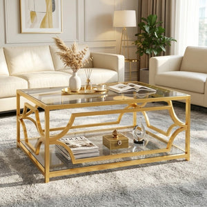 English Elm Modern Two Tier Tempered Glass Coffee Table with Gold Geometric Metal Frame for Living Room Transparent N735P502391K