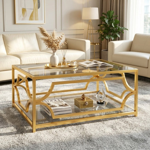 English Elm Modern Two Tier Tempered Glass Coffee Table with Gold Geometric Metal Frame for Living Room Transparent N735P502391K