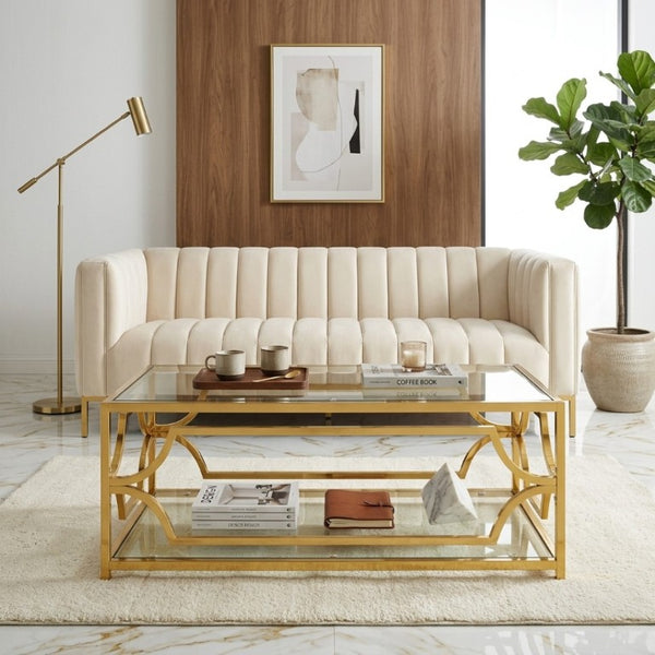 English Elm Modern Two Tier Tempered Glass Coffee Table with Gold Geometric Metal Frame for Living Room Transparent N735P502391K