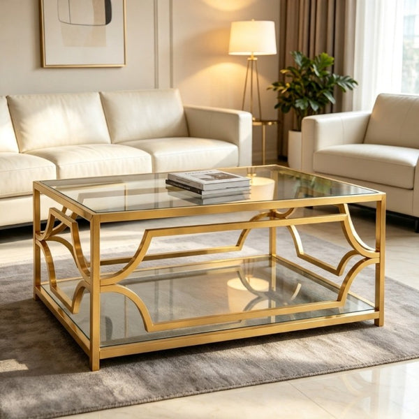 English Elm Modern Two Tier Tempered Glass Coffee Table with Gold Geometric Metal Frame for Living Room Transparent N735P502391K