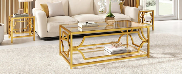English Elm Modern Two Tier Tempered Glass Coffee Table with Gold Geometric Metal Frame for Living Room Transparent N735P502391K