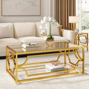 English Elm Modern Two Tier Tempered Glass Coffee Table with Gold Geometric Metal Frame for Living Room Transparent N735P502391K