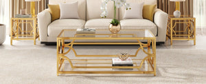 English Elm Modern Two Tier Tempered Glass Coffee Table with Gold Geometric Metal Frame for Living Room Transparent N735P502391K