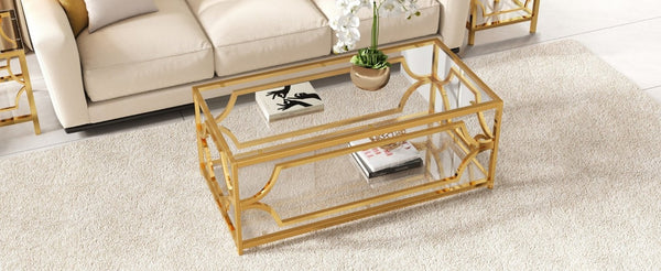 English Elm Modern Two Tier Tempered Glass Coffee Table with Gold Geometric Metal Frame for Living Room Transparent N735P502391K