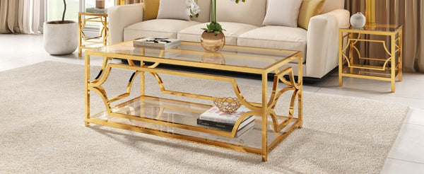 English Elm Modern Two Tier Tempered Glass Coffee Table with Gold Geometric Metal Frame for Living Room Transparent N735P502391K