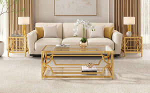English Elm Modern Two Tier Tempered Glass Coffee Table with Gold Geometric Metal Frame for Living Room Transparent N735P502391K