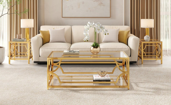 English Elm Modern Two Tier Tempered Glass Coffee Table with Gold Geometric Metal Frame for Living Room Transparent N735P502391K