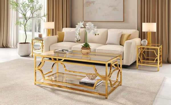 English Elm Modern Two Tier Tempered Glass Coffee Table with Gold Geometric Metal Frame for Living Room Transparent N735P502391K