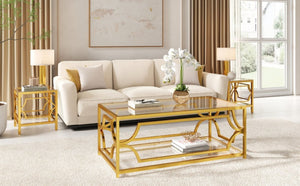 English Elm Modern Two Tier Tempered Glass Coffee Table with Gold Geometric Metal Frame for Living Room Transparent N735P502391K