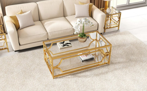 English Elm Modern Two Tier Tempered Glass Coffee Table with Gold Geometric Metal Frame for Living Room Transparent N735P502391K