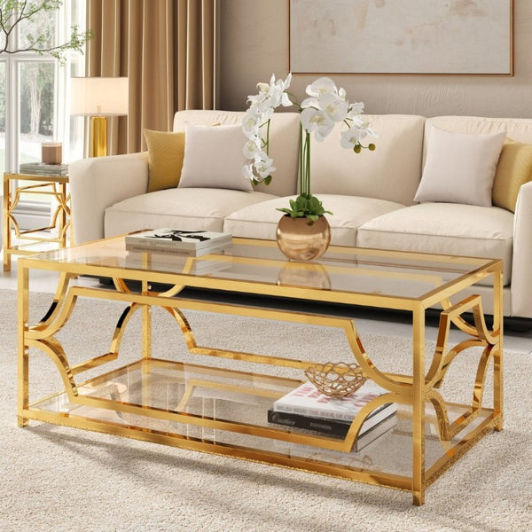 English Elm Modern Two Tier Tempered Glass Coffee Table with Gold Geometric Metal Frame for Living Room Transparent N735P502391K