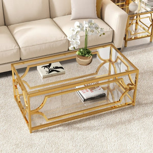 English Elm Modern Two Tier Tempered Glass Coffee Table with Gold Geometric Metal Frame for Living Room Transparent N735P502391K