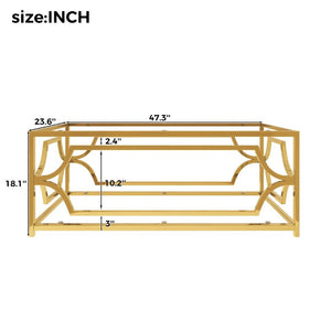 English Elm Modern Two Tier Tempered Glass Coffee Table with Gold Geometric Metal Frame for Living Room Transparent N735P502391K