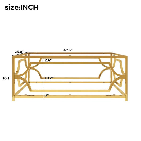 English Elm Modern Two Tier Tempered Glass Coffee Table with Gold Geometric Metal Frame for Living Room Transparent N735P502391K