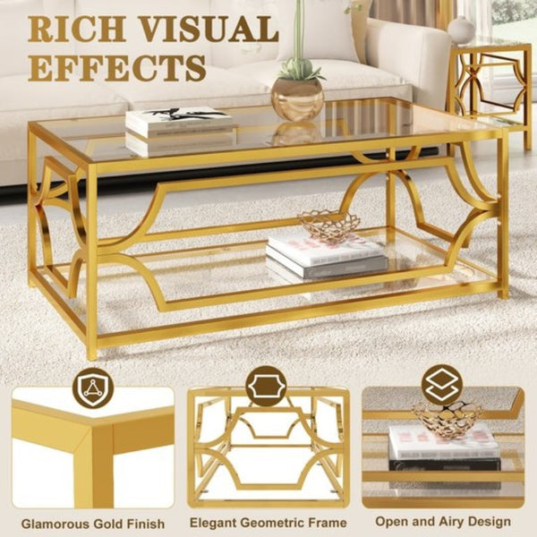 English Elm Modern Two Tier Tempered Glass Coffee Table with Gold Geometric Metal Frame for Living Room Transparent N735P502391K
