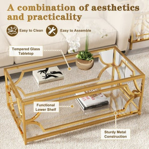 English Elm Modern Two Tier Tempered Glass Coffee Table with Gold Geometric Metal Frame for Living Room Transparent N735P502391K