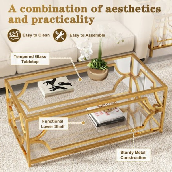 English Elm Modern Two Tier Tempered Glass Coffee Table with Gold Geometric Metal Frame for Living Room Transparent N735P502391K
